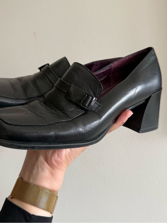 90s Vintage Black Leather Square Toe Heels Minimalist - Picture 6 of 7